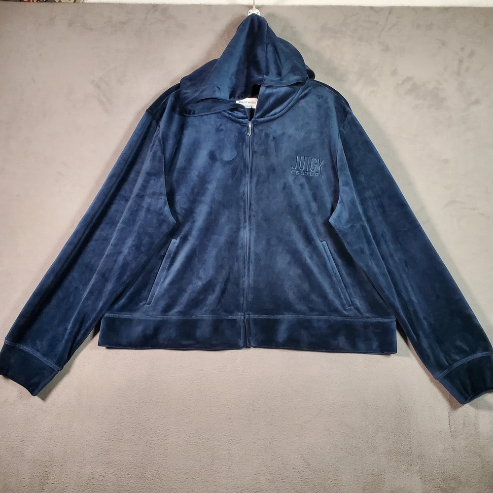 Juicy Couture Velour Hoodie Women 2X Navy Blue Zip Y2K Retro Athleisure Street